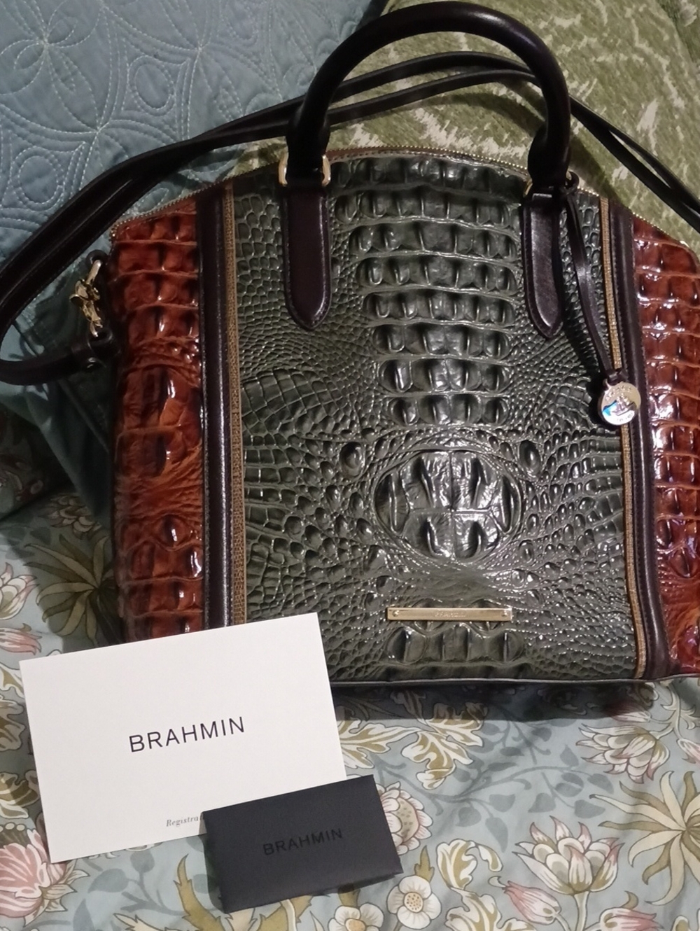 Brahmin Green and Brown Croc-Embossed Satchel with Dark Handles